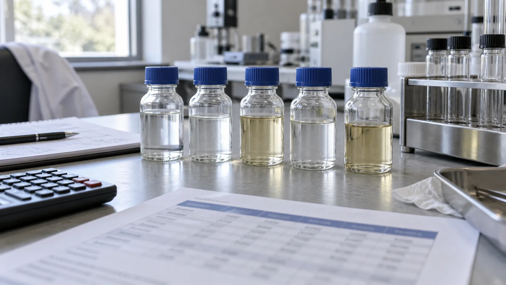 Illustration of solvent sample bottles and a comparison record sheet