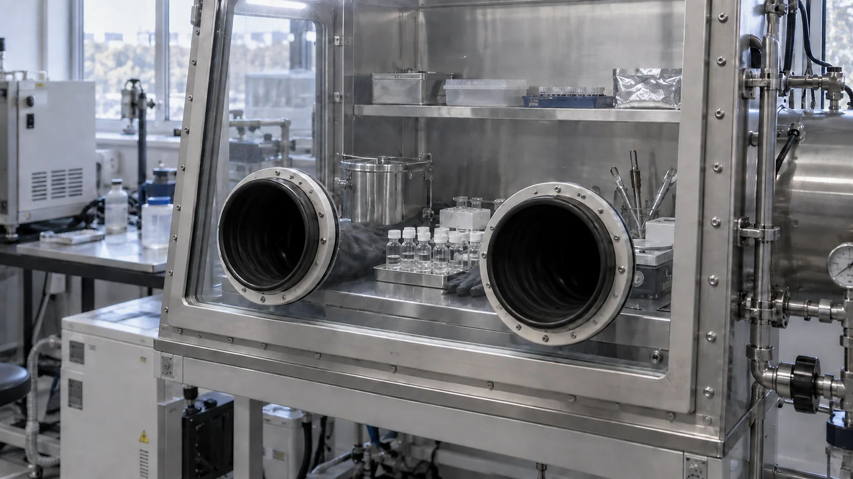Illustration of an experimental setup with samples inside a glovebox