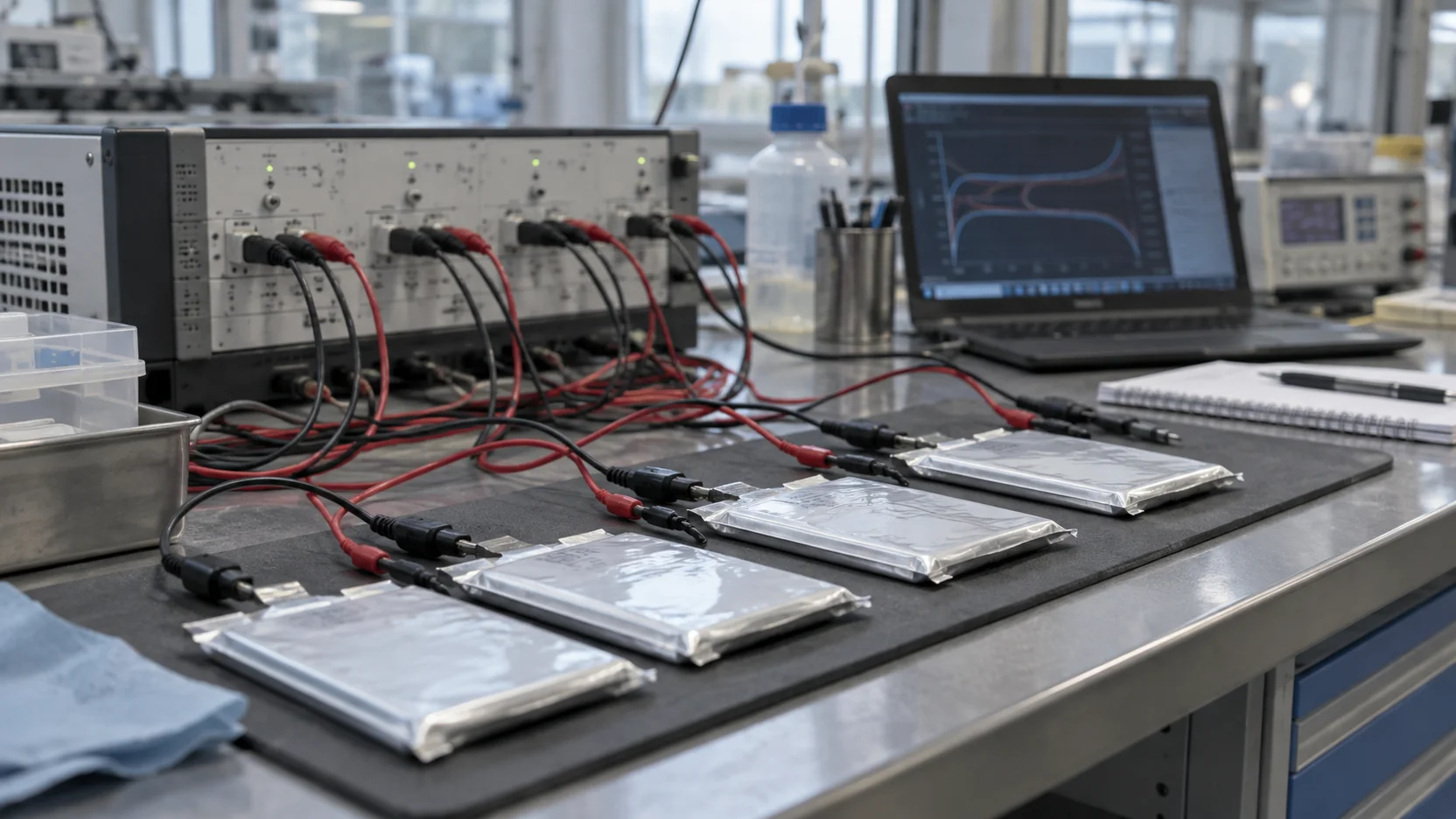 Illustration of a pouch cell connected to test equipment