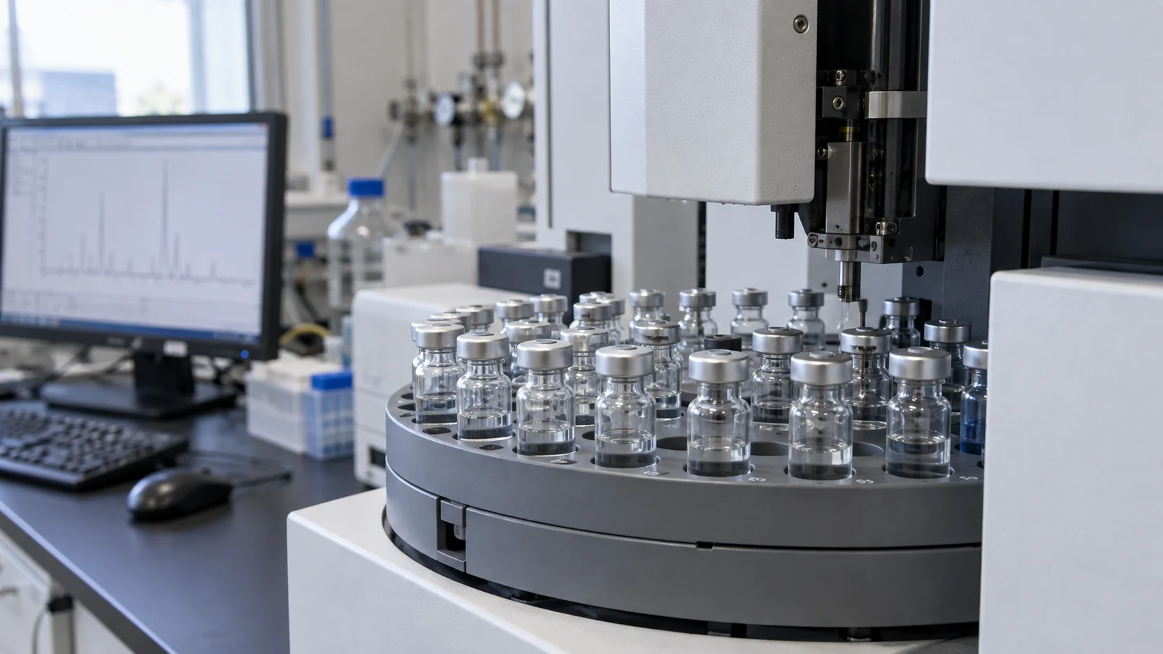 Illustration of sample vials in an autosampler and analytical equipment
