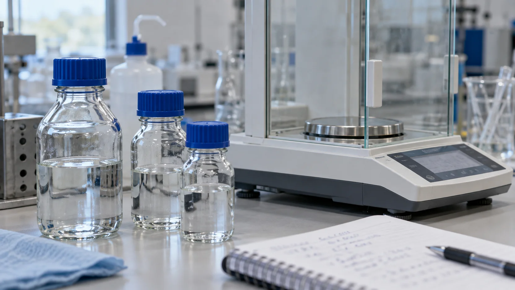 Illustration of sample bottles, a balance and analytical records