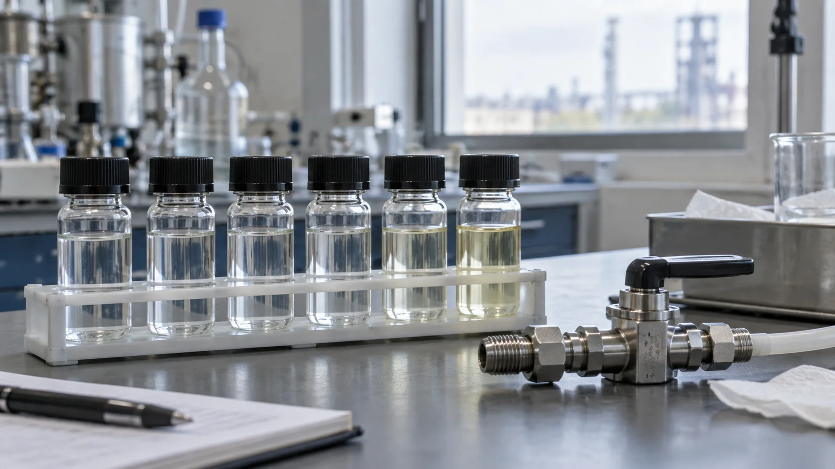 Illustration of multiple solvent sample bottles and pipe fittings