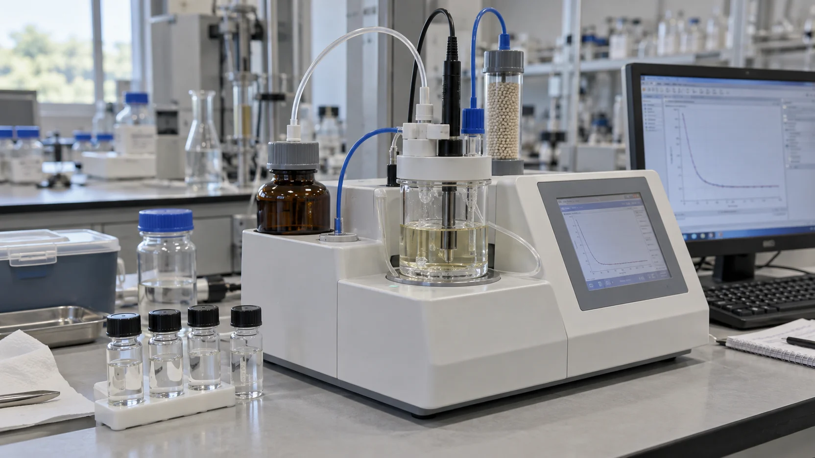 Illustration of water-analysis equipment and sample bottles on a laboratory bench