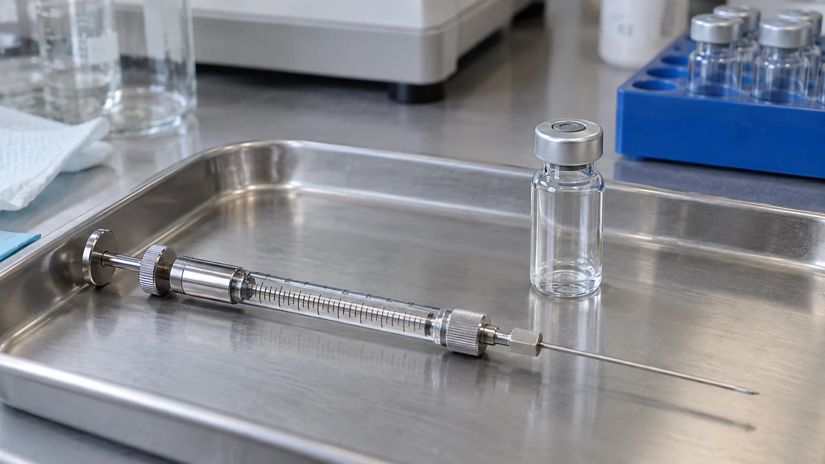 Illustration of a sampling syringe and sealed sample bottles