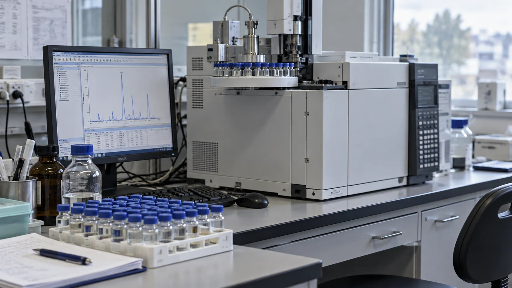 Illustration of chromatographic equipment and a sample rack