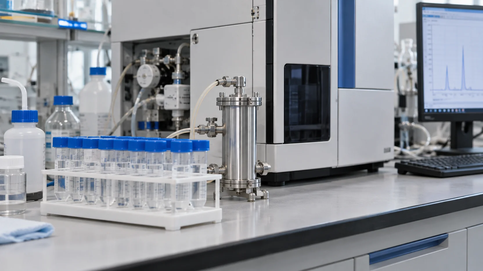 Illustration of a sample rack and sampling utensils beside analytical equipment