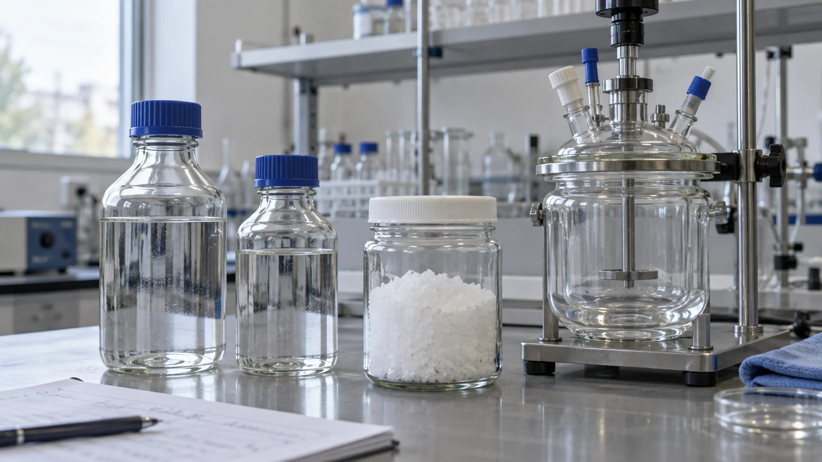 Illustration of solvents, crystalline samples and glass mixing vessels