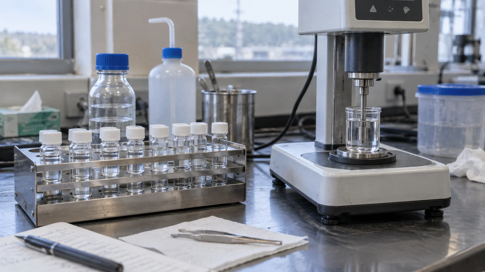Illustration of liquid samples and viscosity-testing equipment