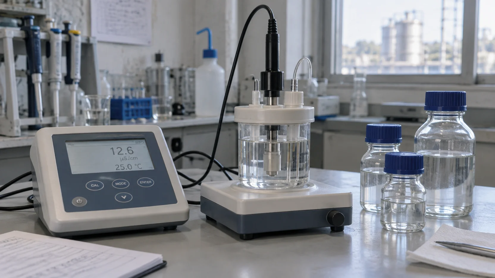 Illustration of conductivity-measuring equipment and liquid samples