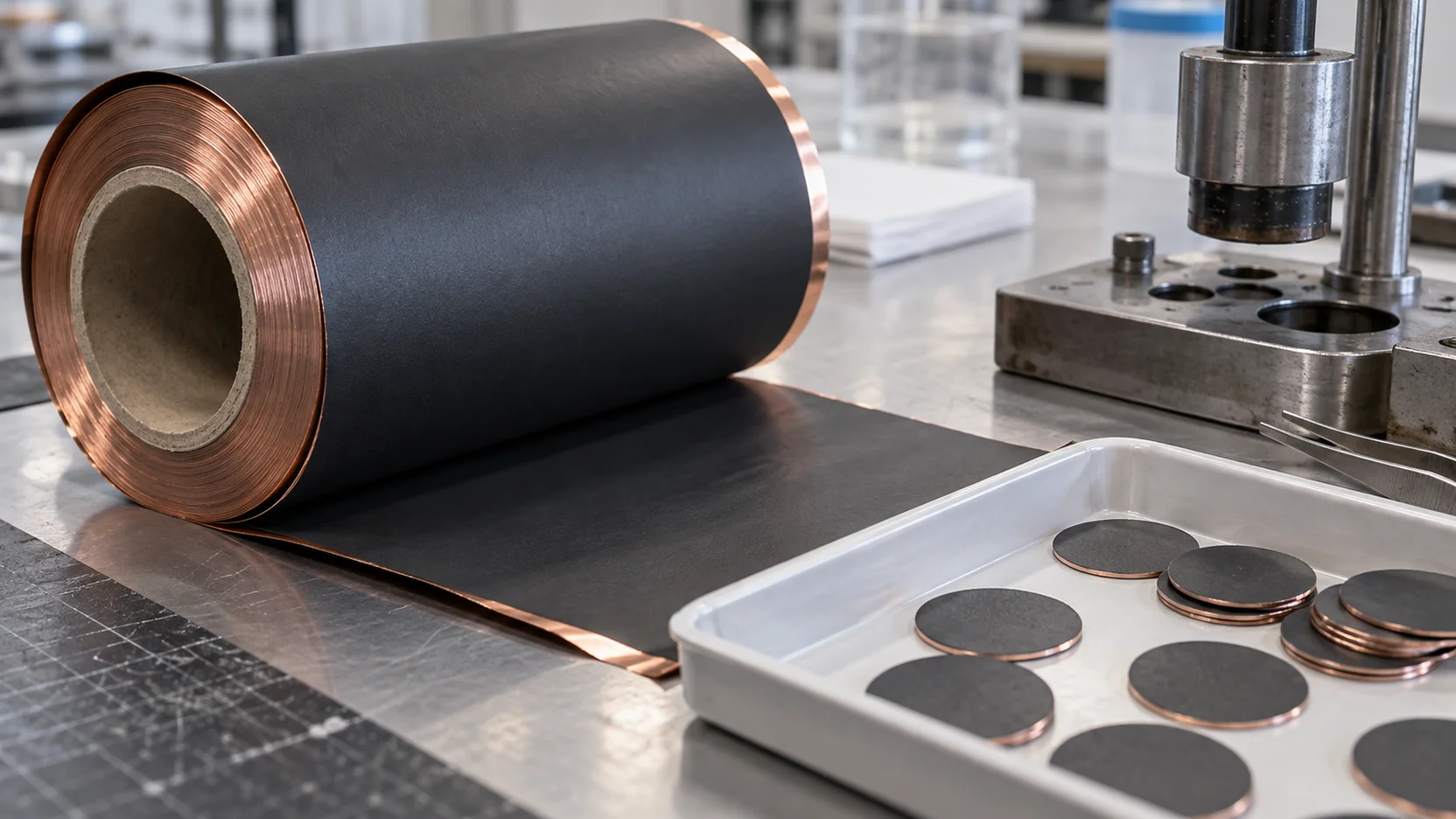 Illustration of coated electrode rolls and disk samples