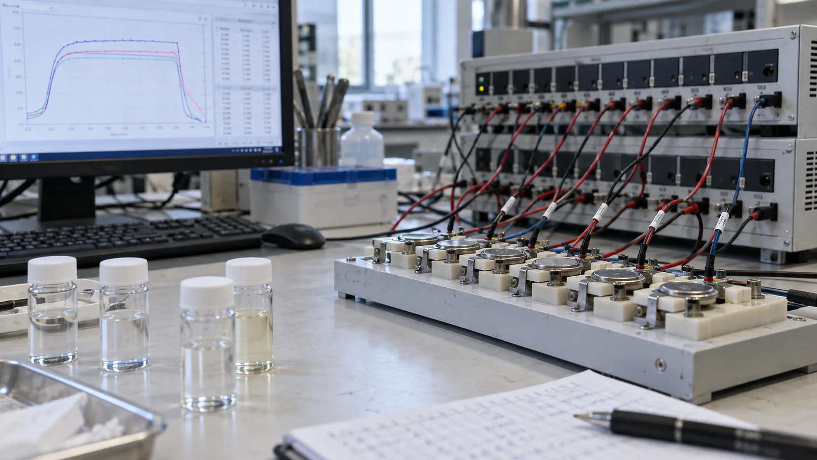 Illustration of an electrochemical test setup and measured curves