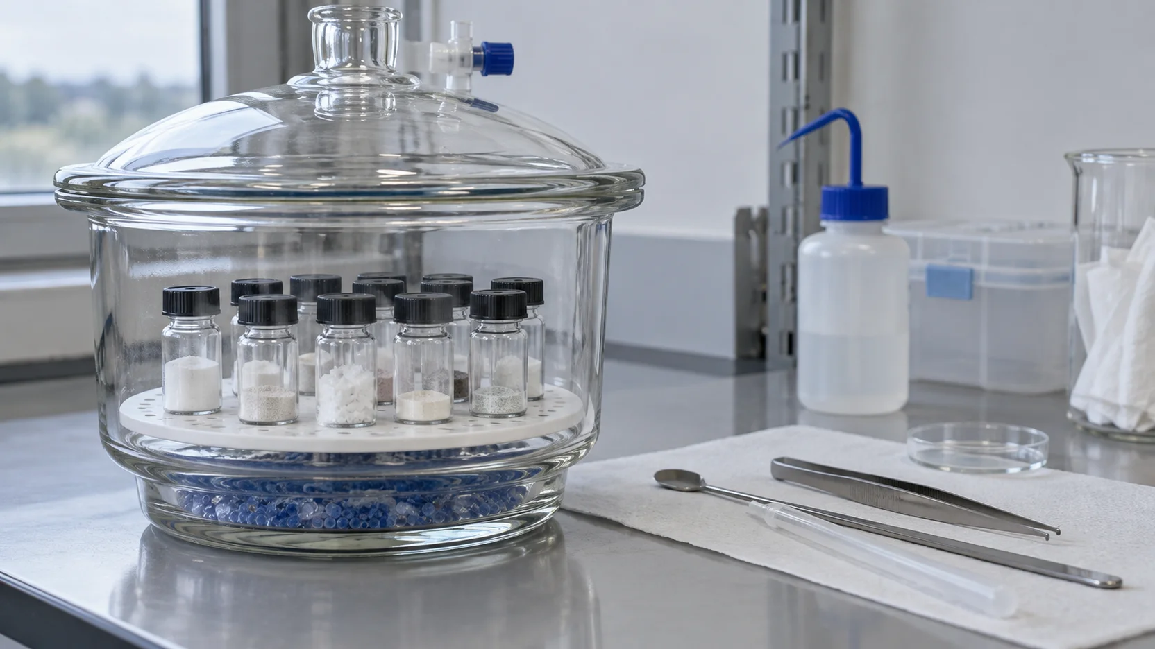 Illustration of sample bottles stored in a glass desiccator