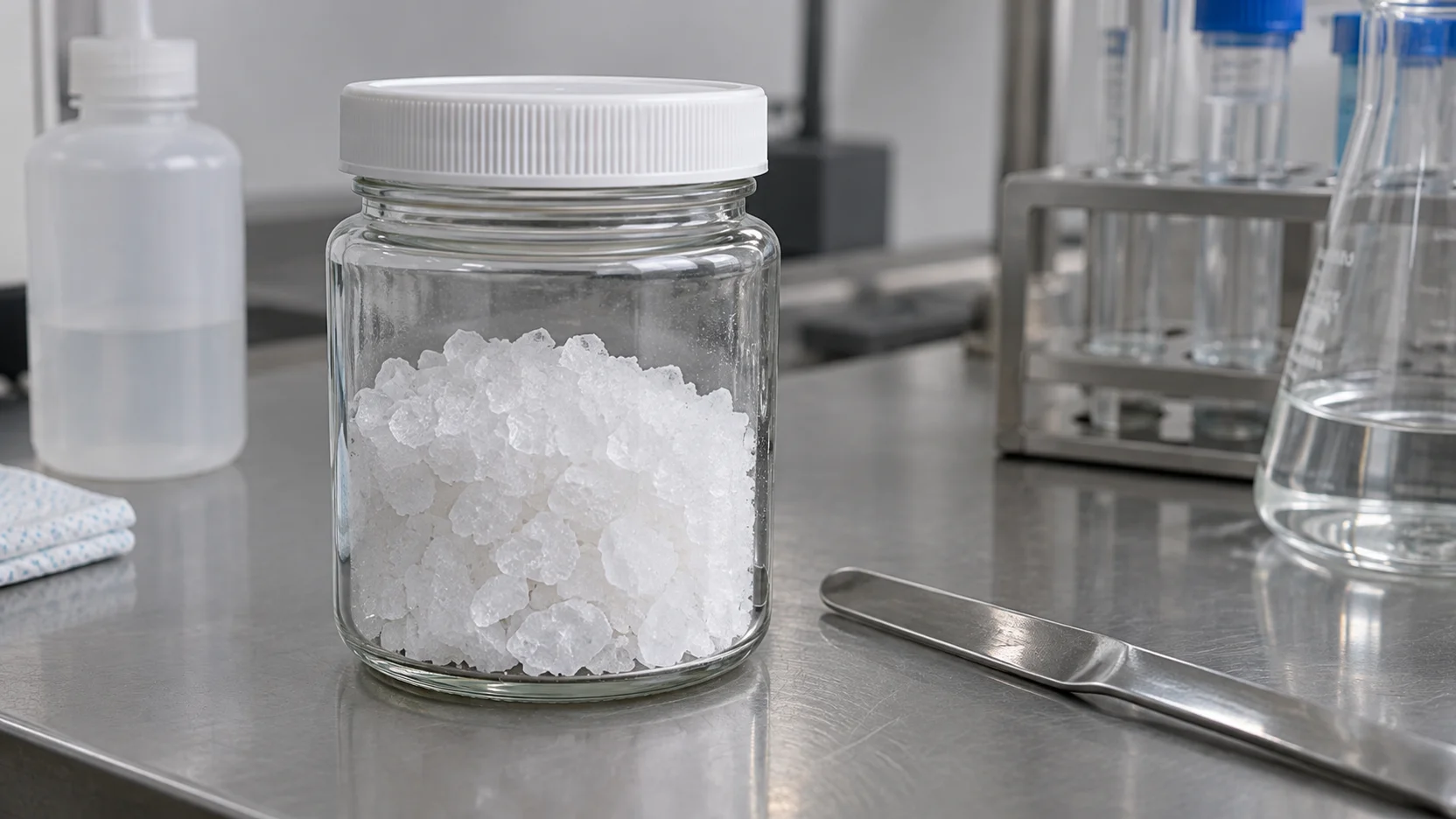 Illustration of white crystals in a transparent sample bottle