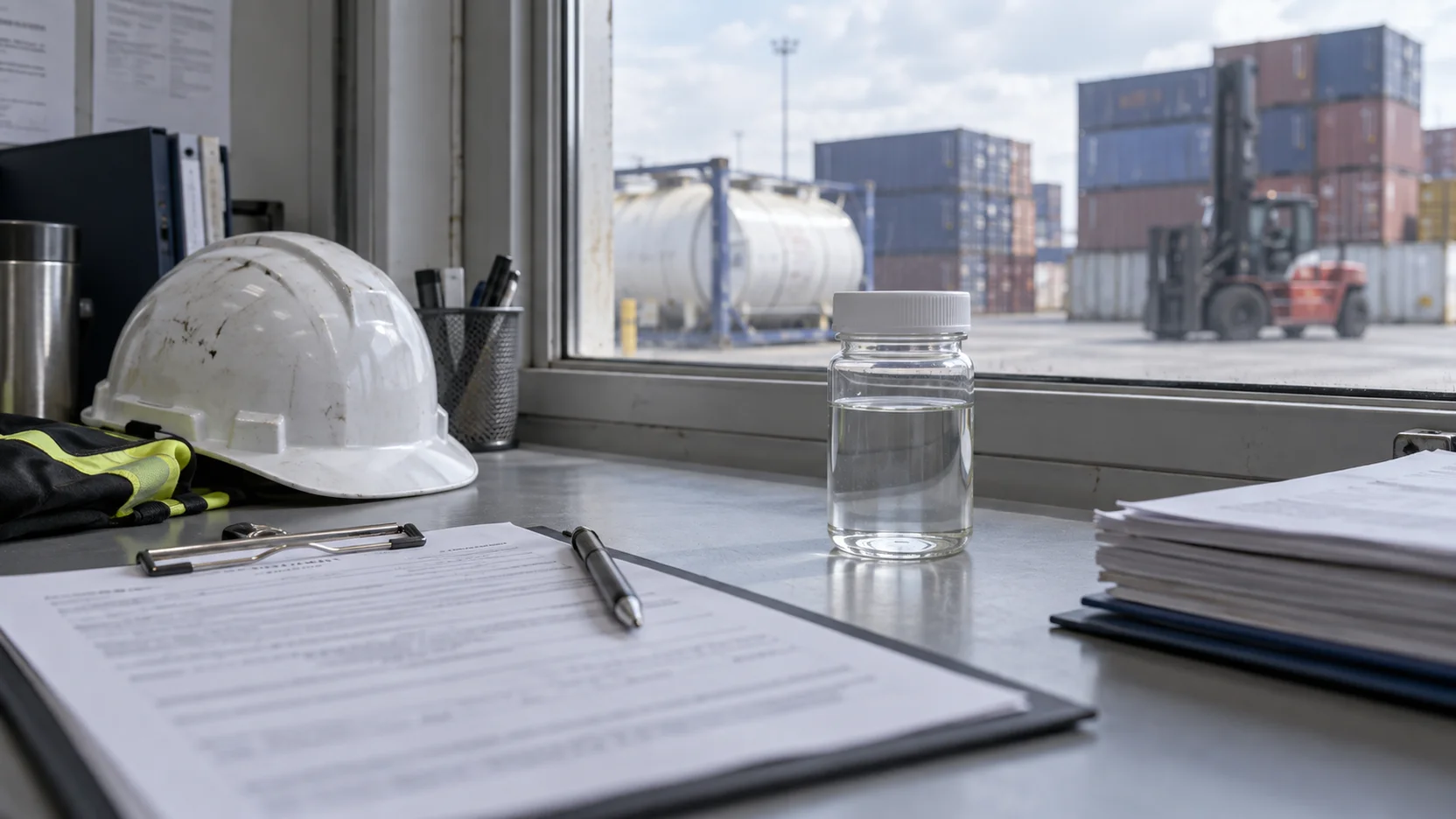 Illustration of transport documents, a hard hat and a container yard