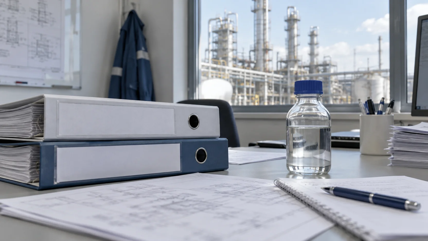 Illustration of folders, sample bottles and technical-document checking