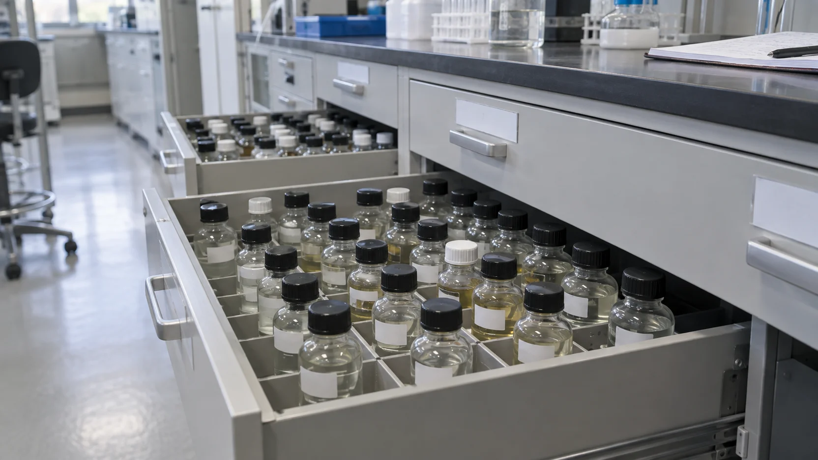 Illustration of sample bottles organized in drawers