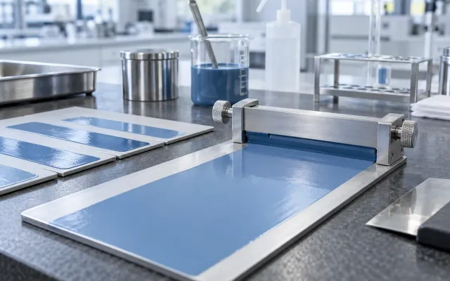 A film applicator evaluating a blue coating on a test panel