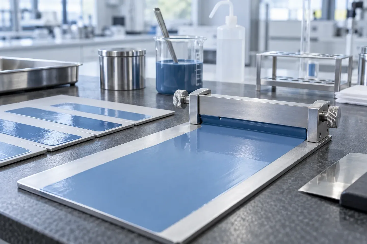 A film applicator evaluating a blue coating on a test panel