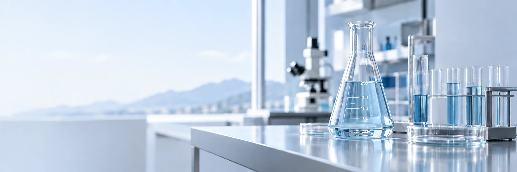 Glass beakers and test tubes in a blue-toned laboratory