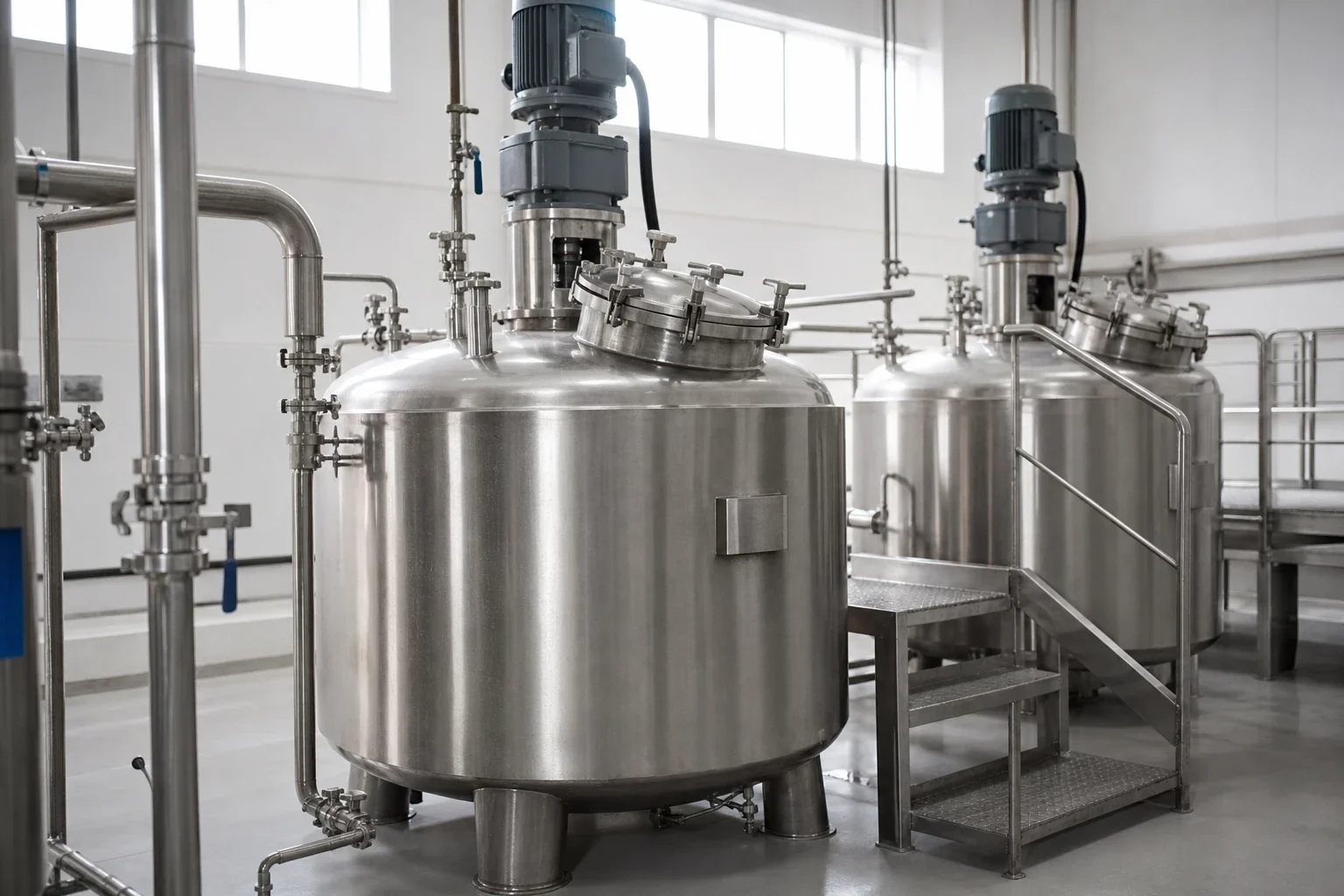 Illustrative stainless steel mixing vessels for fine-chemical processing