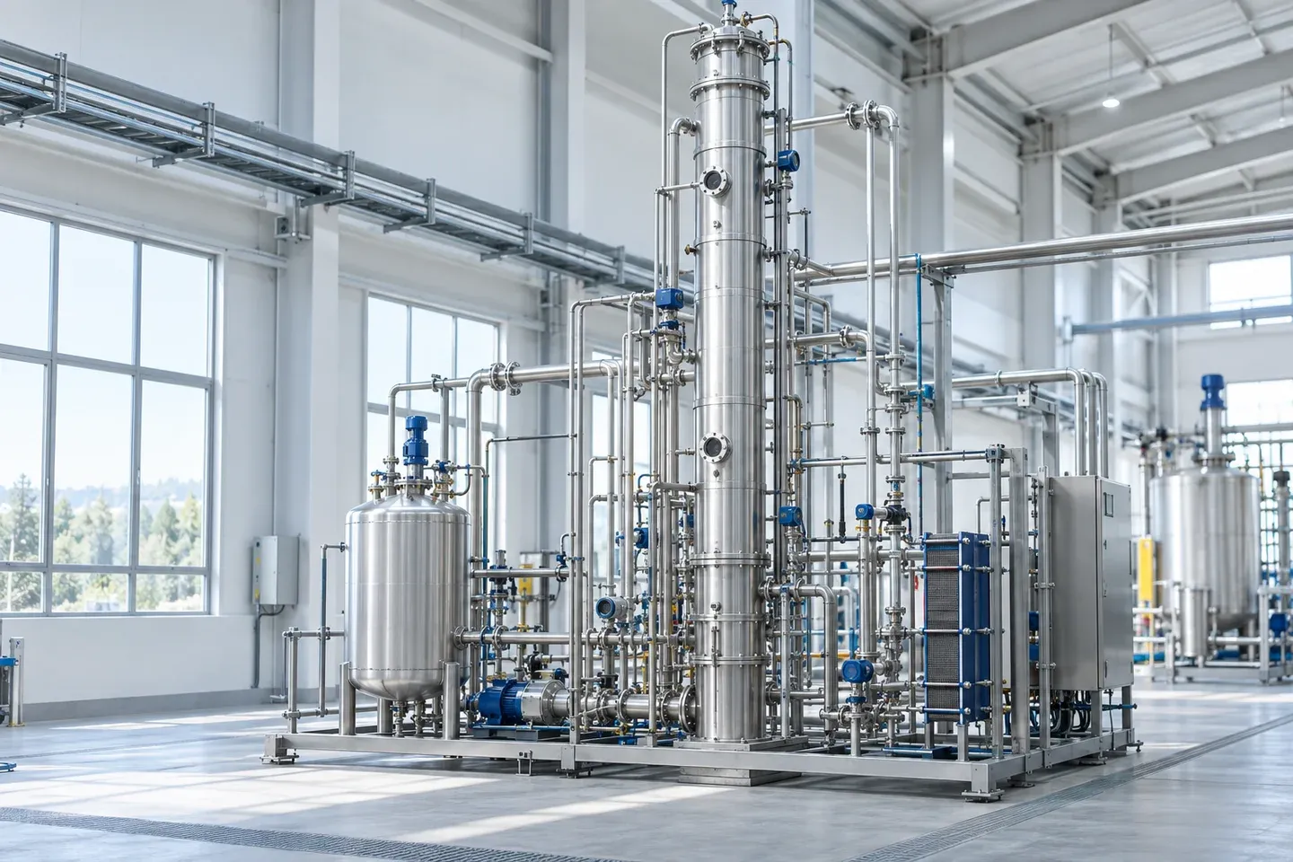 A pilot gas absorption system with columns and stainless-steel piping