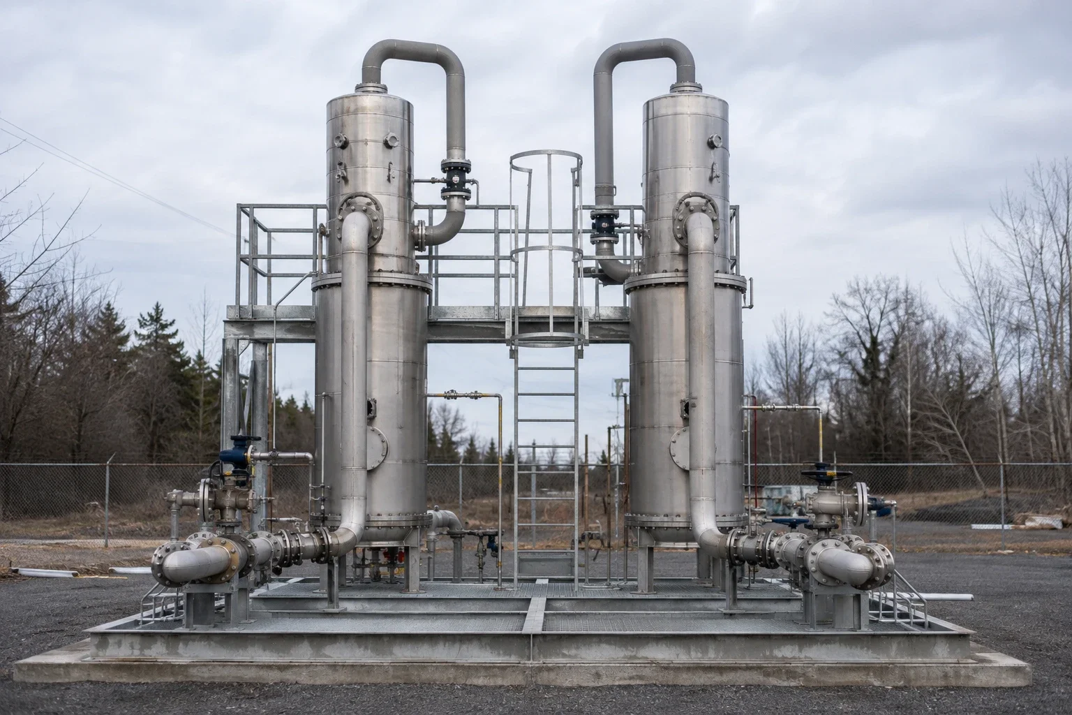 Illustrative absorption towers and pipework for industrial gas treatment