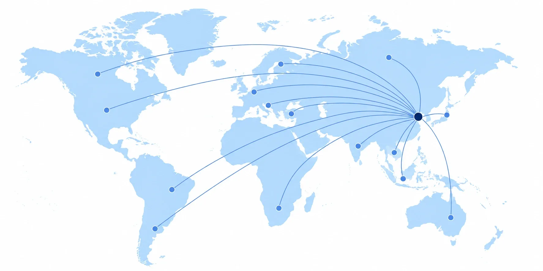 Conceptual world map with blue supply-chain connections from China to global regions