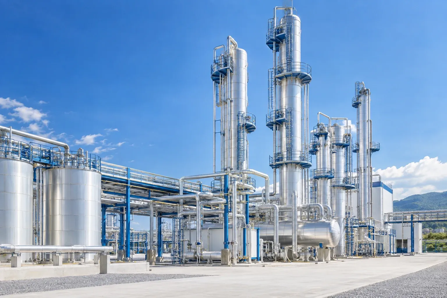 Illustration of distillation towers and process pipework