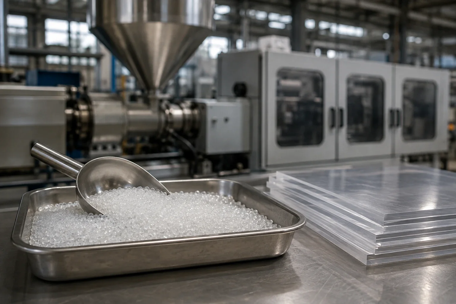 Illustrative polymer pellets and clear resin sheets in a processing workshop