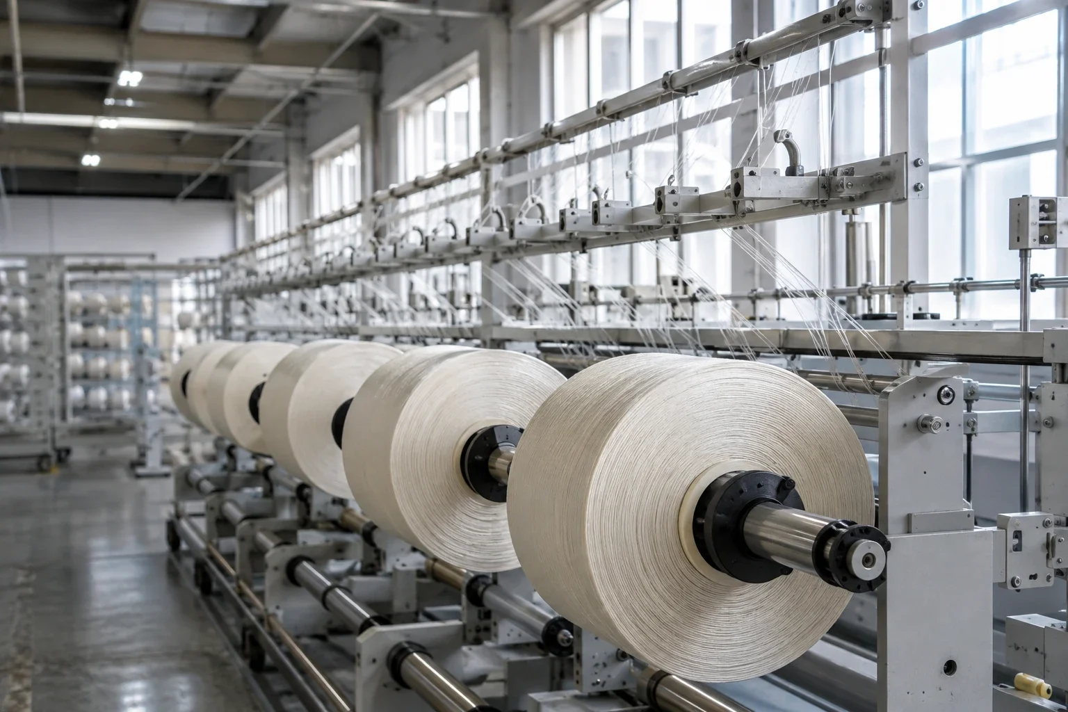 Illustrative synthetic-fiber bobbins on textile winding equipment