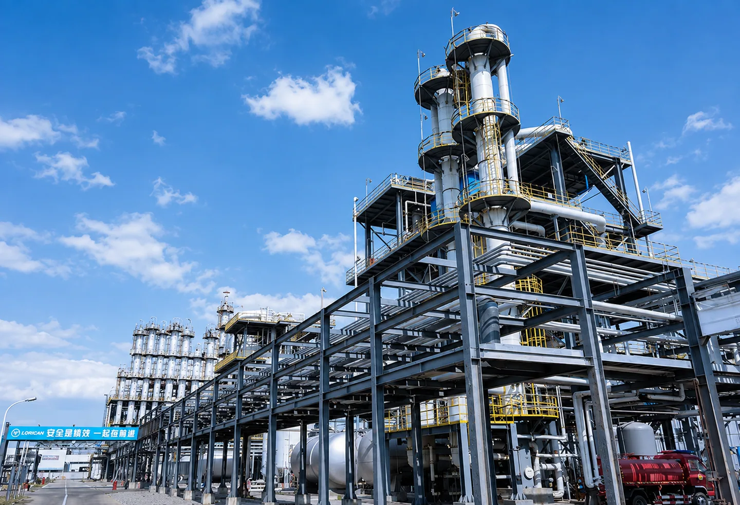 Daytime view of the pipe racks and towers