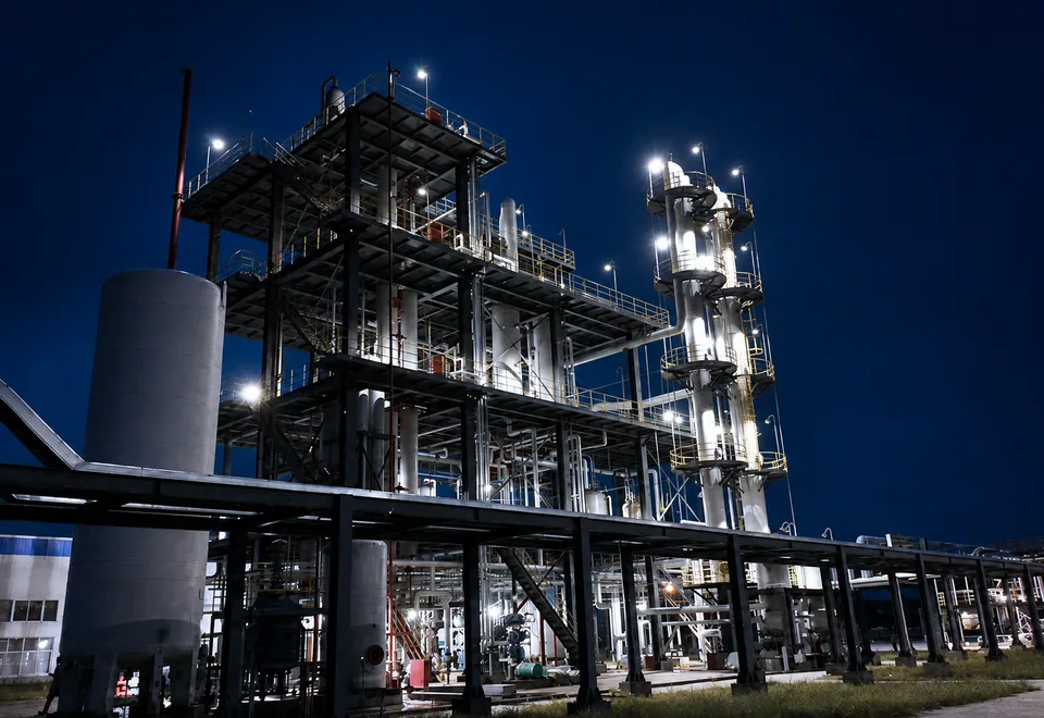 Steel structure and process tower at night
